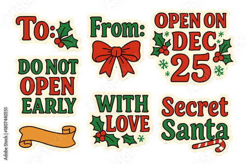 Christmas label flat icon set. featuring do not open, with love, open on dec 25, to, from, and secret santa labels