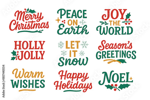 Christmas greetings flat icon set. featuring merry christmas, peace on earth, joy to the world, warm wishes, happy holidays