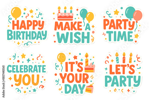 Birthday celebration flat icon set. featuring happy birthday, make a wish, party time, celebrate, your day, let's party