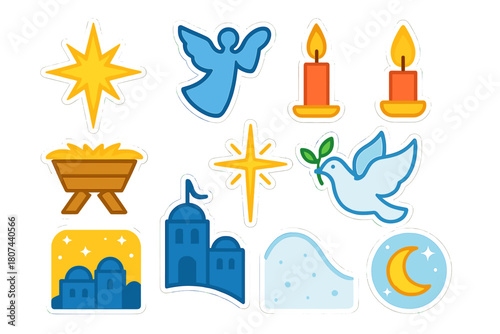 Nativity silhouette icon set. featuring star, angel, candles, manger, dove, bethlehem, moon, and hill symbols