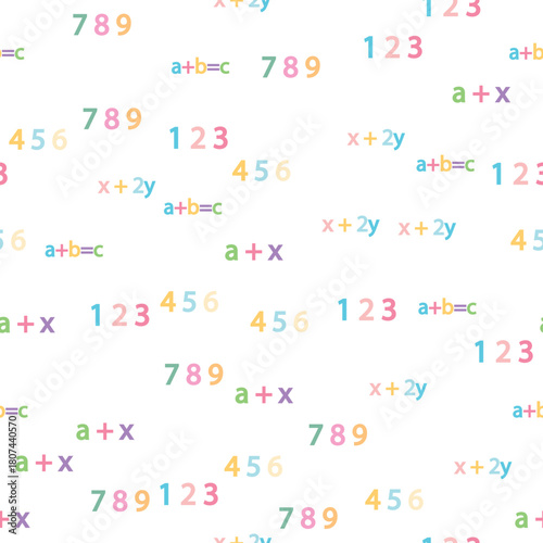 Seamless pattern with mathematical formulas and numbers. Algebra and geometry, calculations tangent, cotangent, sine, cosine.