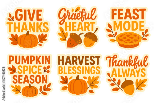 Fall phrases flat icon set. featuring give thanks, grateful heart, feast mode, pumpkin spice season, harvest blessings, thankful always.