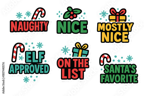 Holiday labels flat icon set. featuring naughty, nice, mostly nice, elf approved, on the list, santa's favorite