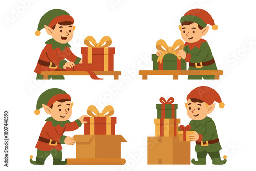 Christmas elves flat icon set. featuring elves wrapping gifts, packing boxes, and decorating presents.