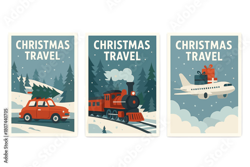 Christmas travel flat icon set. featuring car, train, airplane, snow, trees, and gifts