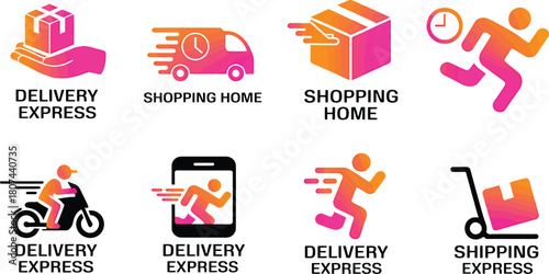 Set of eight colorful icons representing fast delivery and shipping services