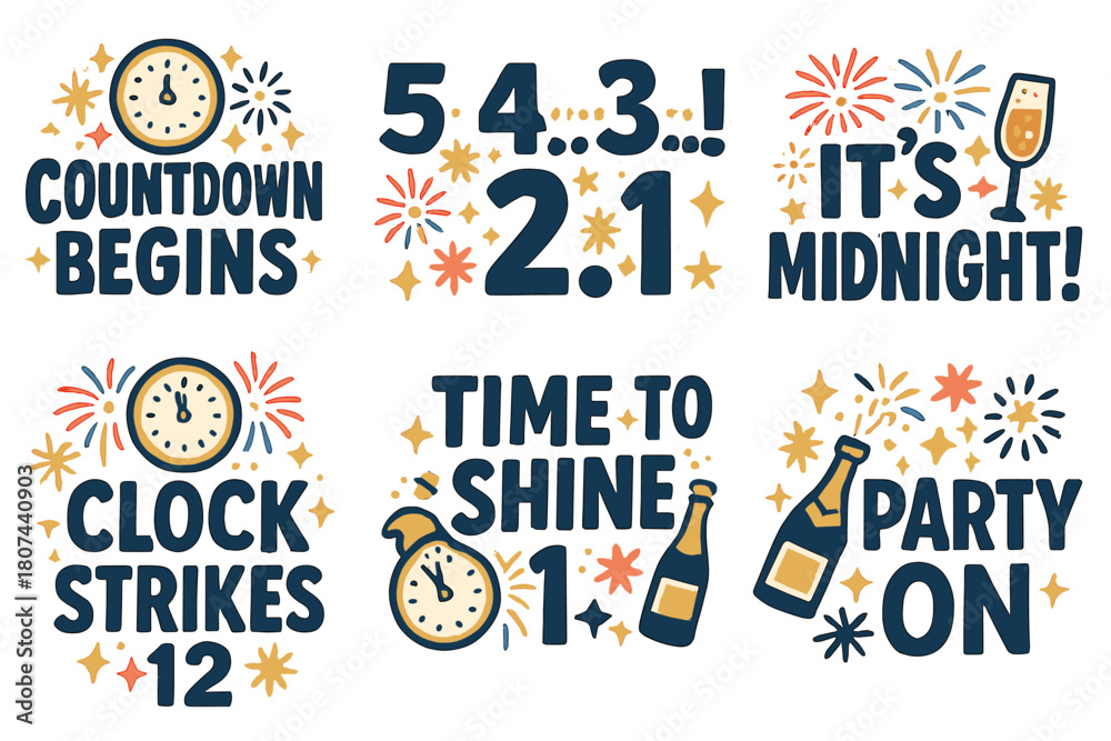 Naklejka premium New year celebration flat icon set. featuring countdown, midnight, clock, fireworks, champagne, and party symbols