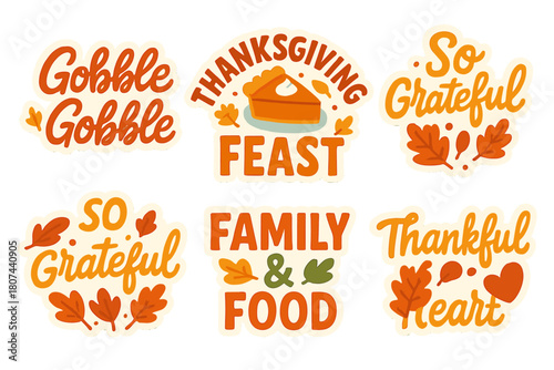Thanksgiving celebration flat icon set. featuring gobble gobble, feast, so grateful, family food, thankful heart