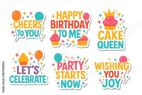 Birthday celebration flat icons set. featuring cheers, happy birthday, cake queen, let's celebrate, party starts now, wishing you joy