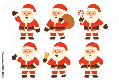 Christmas santa flat icon set. featuring waving, gift sack, celebratory, thumbs up, bell, and confident poses