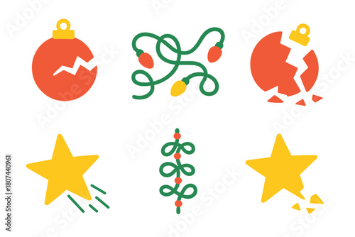 Holiday decorations silhouette icon set. featuring christmas bauble, string lights, broken ornament, and star symbols