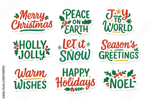 Holiday greetings flat icon set. featuring merry christmas, peace on earth, joy to the world, holly jolly, let it snow, season's greetings, warm wishes, happy holidays, noel