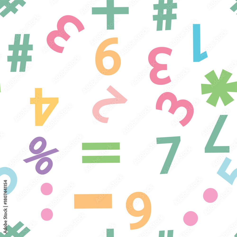 Obraz premium Colorful numbers, math symbols and formulas seamless pattern. Kindergarten, school, classroom and childrens playroom