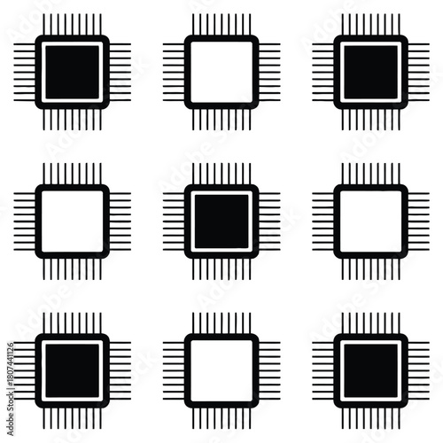 Pattern of black and white computer chips isolated on white background, creating a visually interesting and modern design