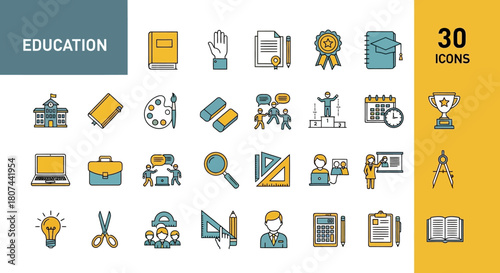 Modern Line Art Education Icons Collection A Sleek Set of Vector Graphics for Academic, Learning, and School Concepts