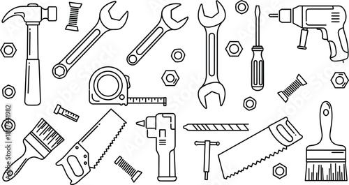 Home repair and tools line icon set. Vector pictograms of hammer, wrench, screwdriver, measuring tape, drill, saw, paint brush, nuts and bolts, thin linear illustration.