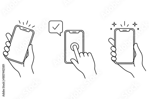 hand holding phone Icons,
Hand Holding Smartphone Icons,
Minimalist Mobile Interaction Line Illustrations