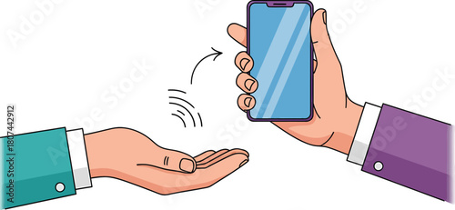 Hand giving smartphone to another hand showing mobile device exchange illustration
