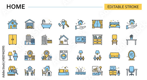 Home Essentials Icon Set Modern Living, Real Estate & Interior Design Elements