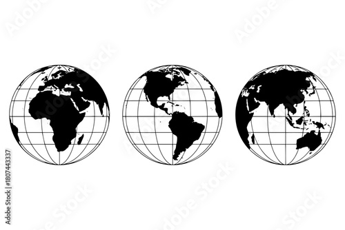 world map and globe,
Minimalist Black-and-White Globe Set,
Stylized World Map Spheres with Latitude–Longitude Grid