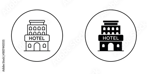Two circular icons displaying a simplified hotel building, one in outline and the other in solid black.