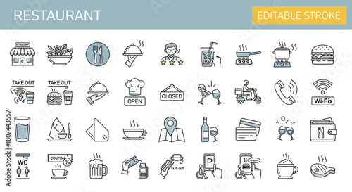 Essential sleek line vector icon collection for restaurants, cafes, and food delivery services, encompassing a wide range of dining and hospitality elements