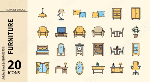 Modern furniture vector icons set, showcasing essential home items with a sleek line art style. Ideal for interior design, apps, and web interfaces