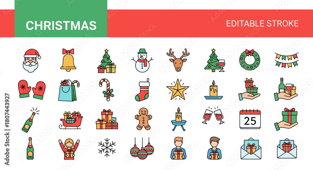Fototapeta premium A vibrant set of festive holiday icons for Christmas celebration, my sleek line collection of vector symbols with editable strokes