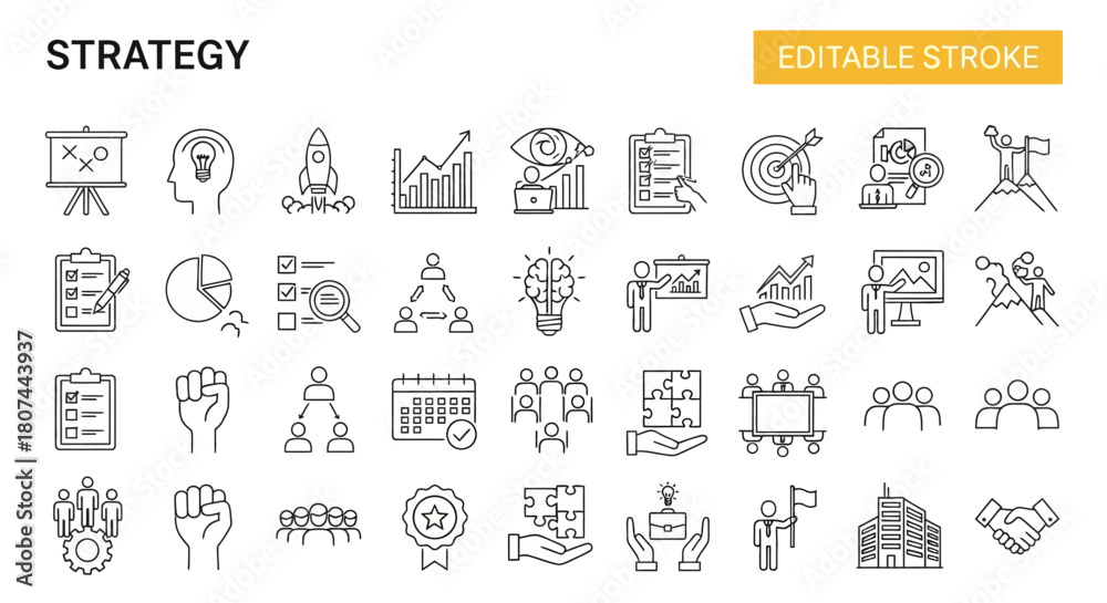 Fototapeta premium Sleek Line Business Strategy Icon Collection for Project Management, Analytics, and Team Success. A comprehensive set of modern vector concepts