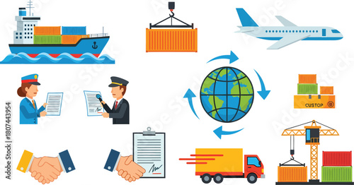 Global logistics transportation and shipping icons set
