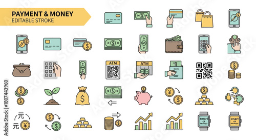 Sleek collection of payment and money vector icons, illustrating diverse financial transactions, banking operations, digital wallets, and modern commerce concepts