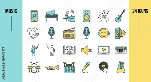Collection of Music Icons with Various Symbols Representing Different Aspects of Music and Sound Creation