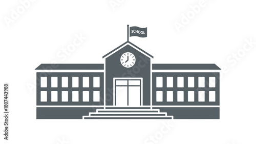 An illustration of a classic school building with a clock on its facade and a flag on the roof, set against a white background.