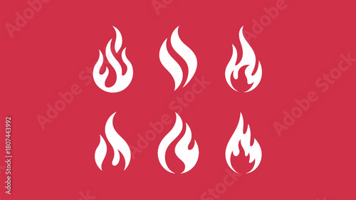 A collection of six stylized white flame icons arranged in two rows of three against a solid red background.