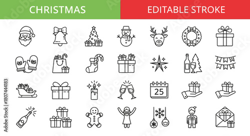 Christmas elements and symbols line art vector illustration