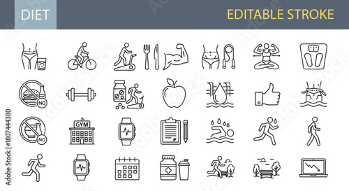 Sleek and Modern Line Icon Collection for Healthy Lifestyle, Fitness, and Diet Concepts, Featuring Editable Stroke Vectors for Wellness Applications and Sports Activities