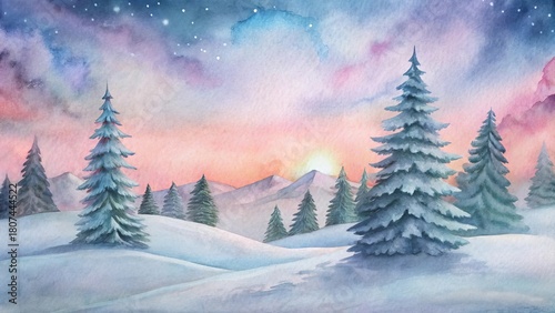 Winter landscape with snowy hills and pine trees under a colorful sunrise sky in watercolor style