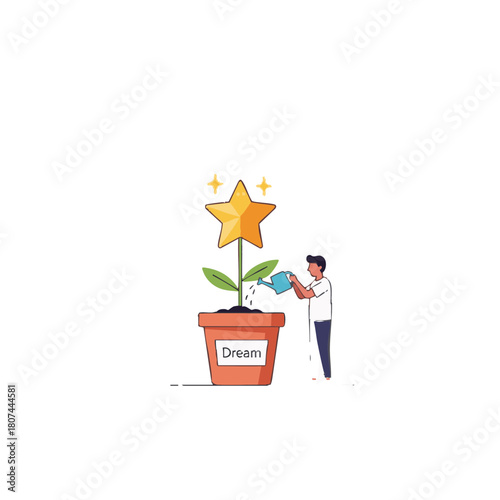 Minimalist flat vector of a small person gently watering a glowing star sprout labeled "Dream" in a pot. Concept of nurturing aspirations. White background, clean graphic design