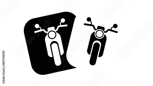 Two stylized black and white icons represent a motorcycle, one within a rounded dark square.