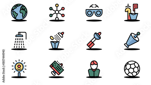 A collection of twelve colorful, flat design icons representing various concepts and objects.