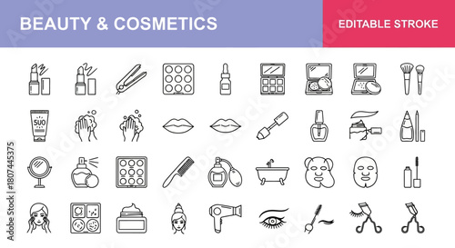 Collection of beauty and cosmetic related icons representing makeup, skincare, hair care, and personal grooming products