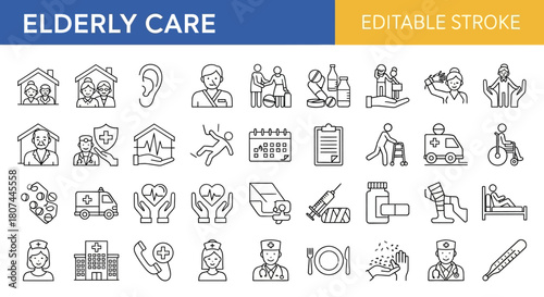 My sleek line collection of vector icons representing elderly care, senior citizen health, and medical assistance. Outline symbols for geriatrics and nursing