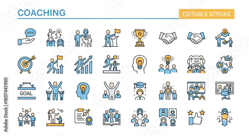 Coaching and Mentoring Icons Set of Modern Line Style Illustrations for Business and Personal Development