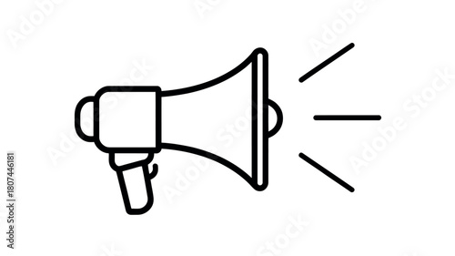 A simple line art illustration of a megaphone emitting sound waves, representing communication and announcement.