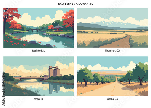 Rockford, IL, Thornton, CO, Waco, TX, Visalia, CA Flat Vector Poster Collection