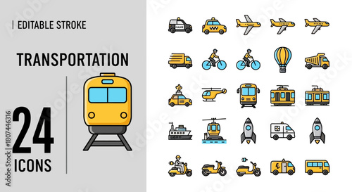 Transportation Icons Set Car, Plane, Bus, and Train Vector Graphics