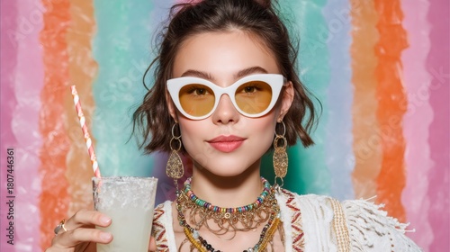 Woman wearing stylish sunglasses and bohemian jewelry holding a cocktail. Fashionable summer party look for celebration and festive event.