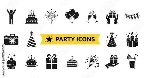 A set of vector icons for celebrations, parties, and special events, including cakes, balloons, gifts, and fireworks