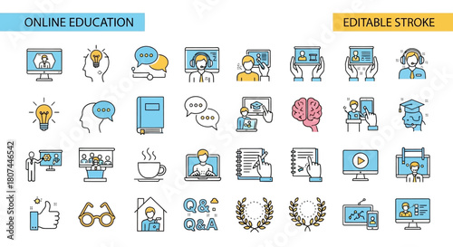 Sleek Line Icons for Online Education & E-Learning Resources