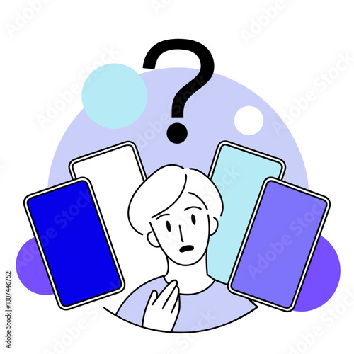 Confused Choices: A person, surrounded by various mobile devices, appears puzzled, a large question mark hovering above their head.